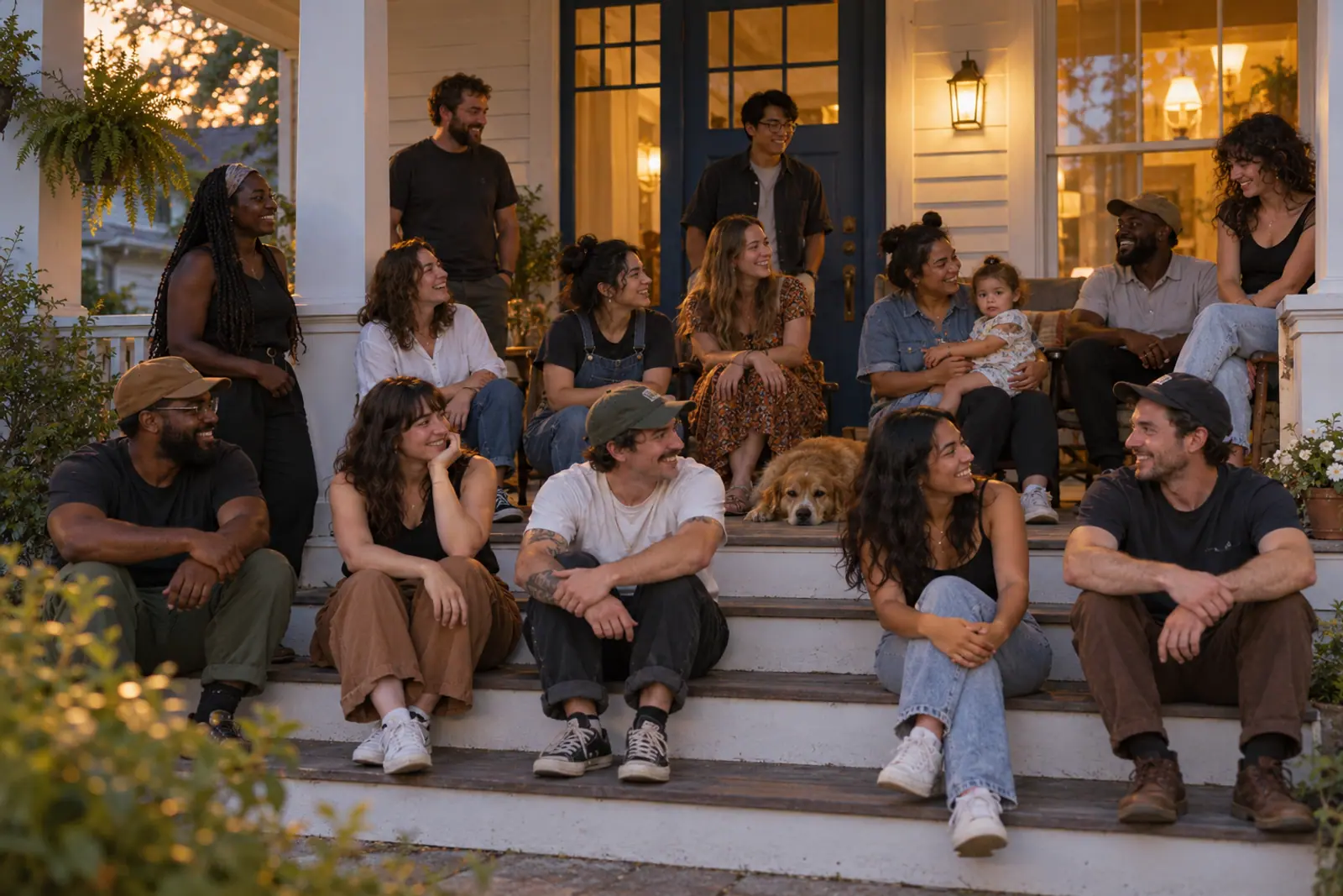 Staff and young adults gather on the front porch of a historic mill house at golden hour.