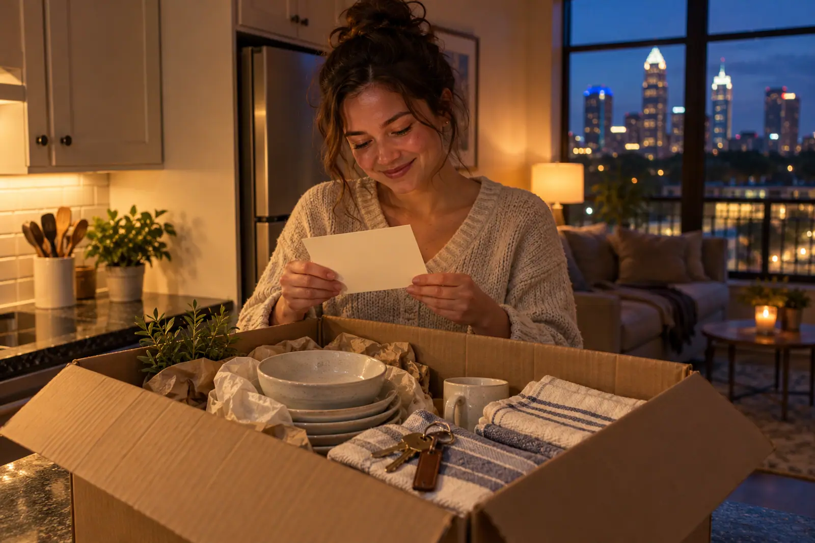 A Move-In Box sits on a kitchen counter, filled with dishes, towels, and a handwritten welcome note.