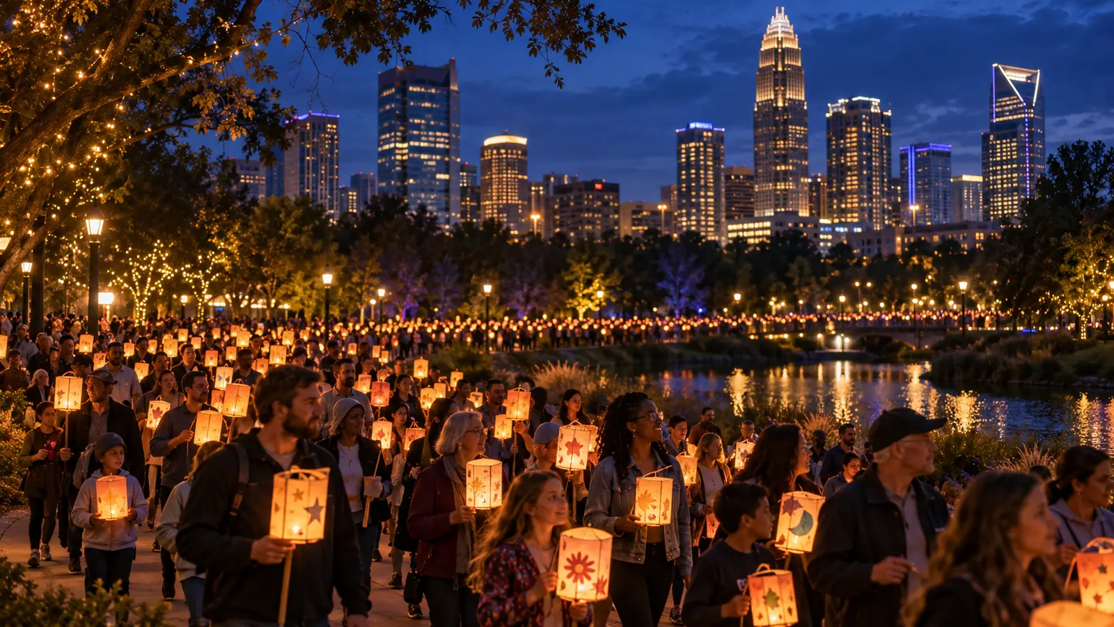 Hundreds of people walk through an urban park at dusk carrying glowing paper lanterns.