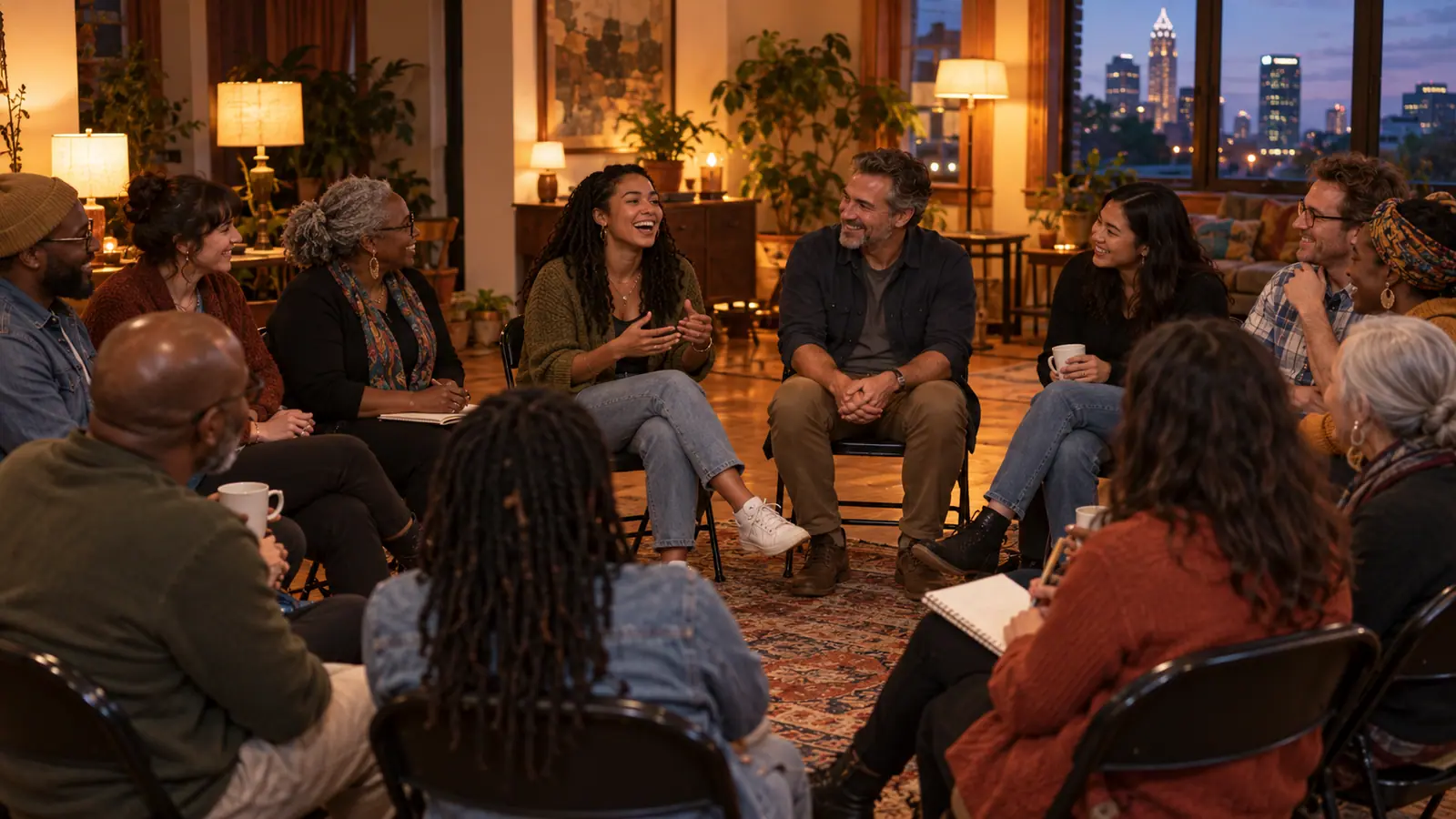 A small group of adults listens to a speaker during an evening volunteer information session.