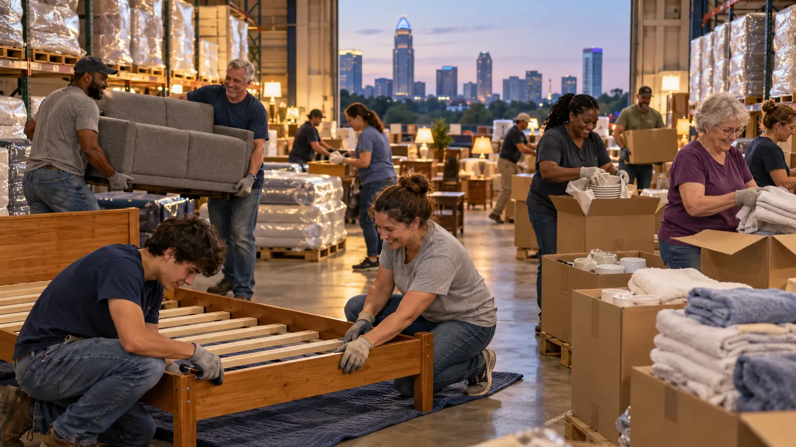 Volunteers assemble furniture and pack boxes in a bright warehouse.