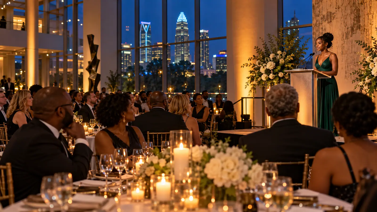 Guests at an elegant evening benefit gather under warm lights in a museum atrium.