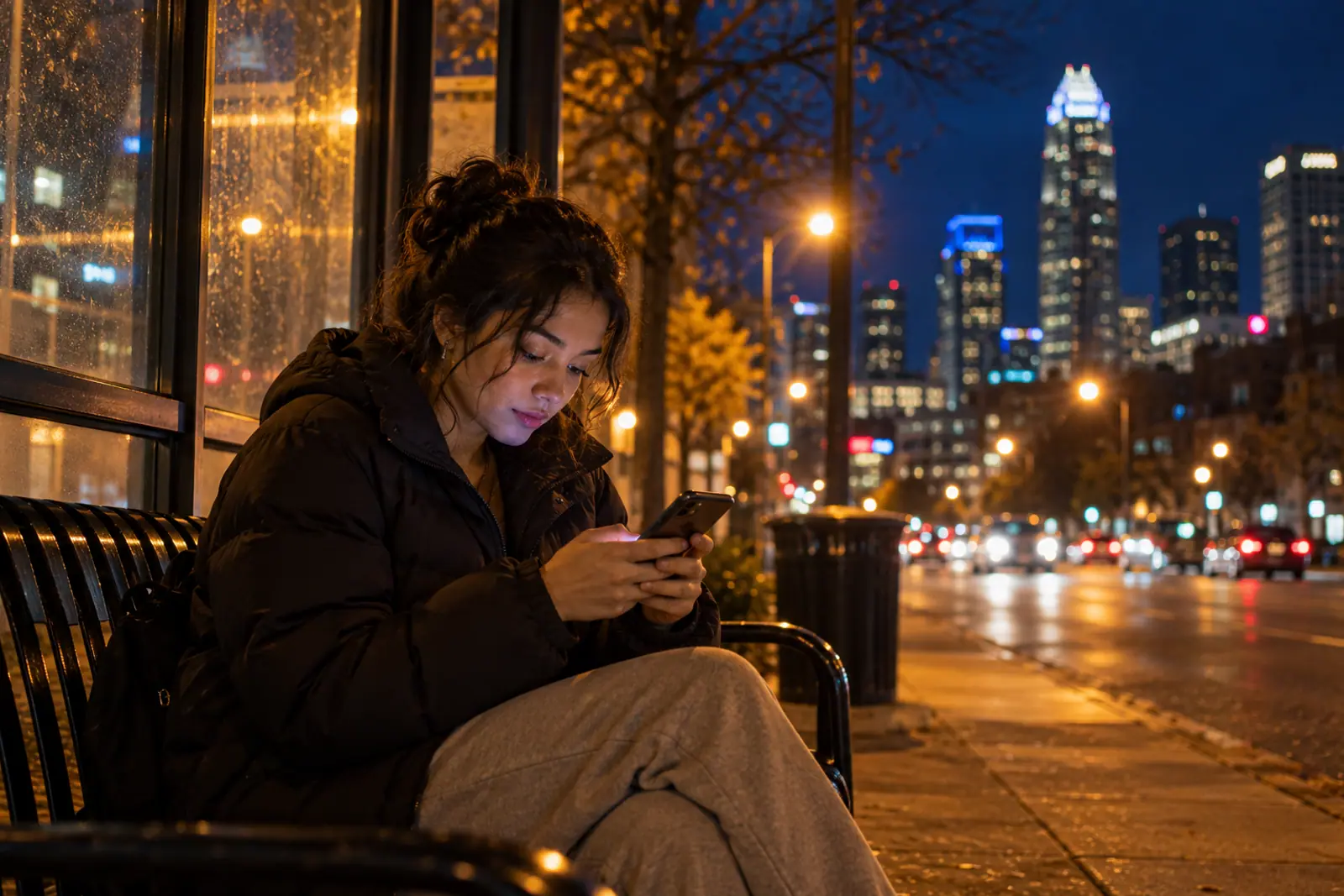 A young woman texts on her phone at a bus stop at night, lit by the screen and a nearby streetlight.