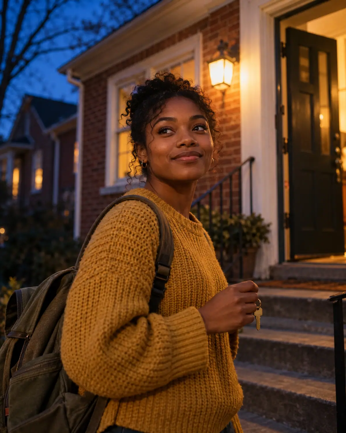 A young woman stands on the front porch of a brick house at dusk, holding a set of keys, a porch light glowing beside her.