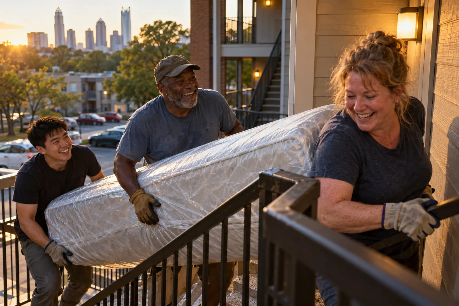 Volunteers carry a mattress up apartment stairs, laughing.