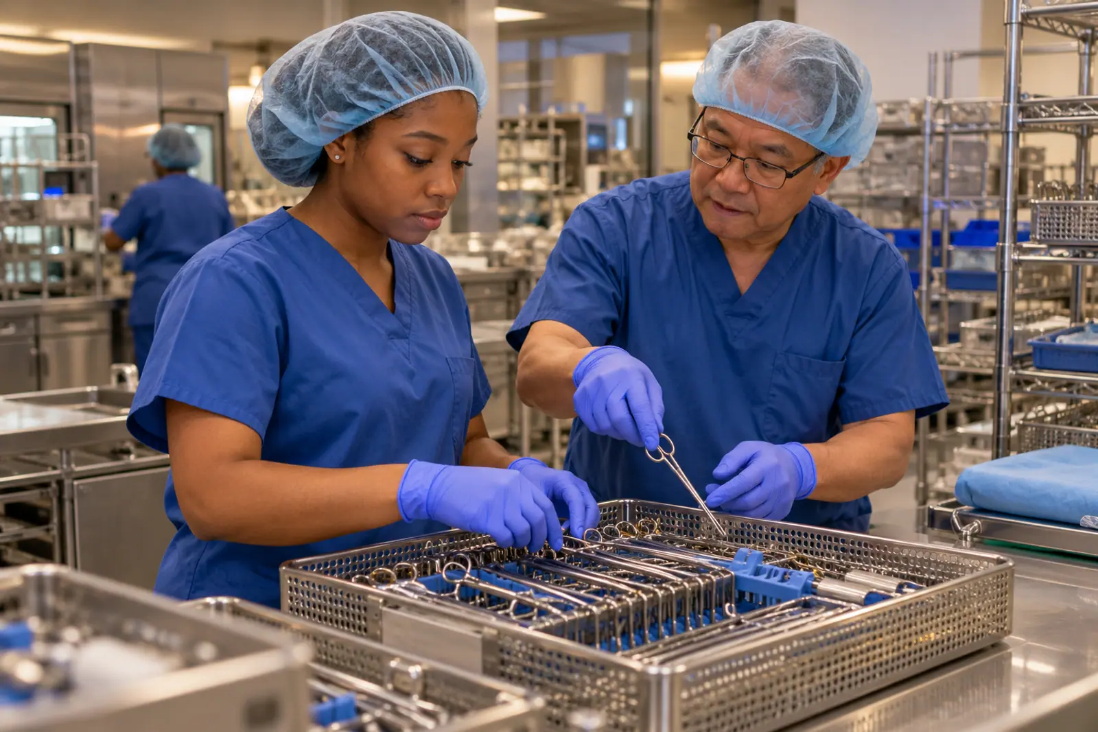 A young woman apprentice in scrubs learns to use hospital equipment from a mentor.