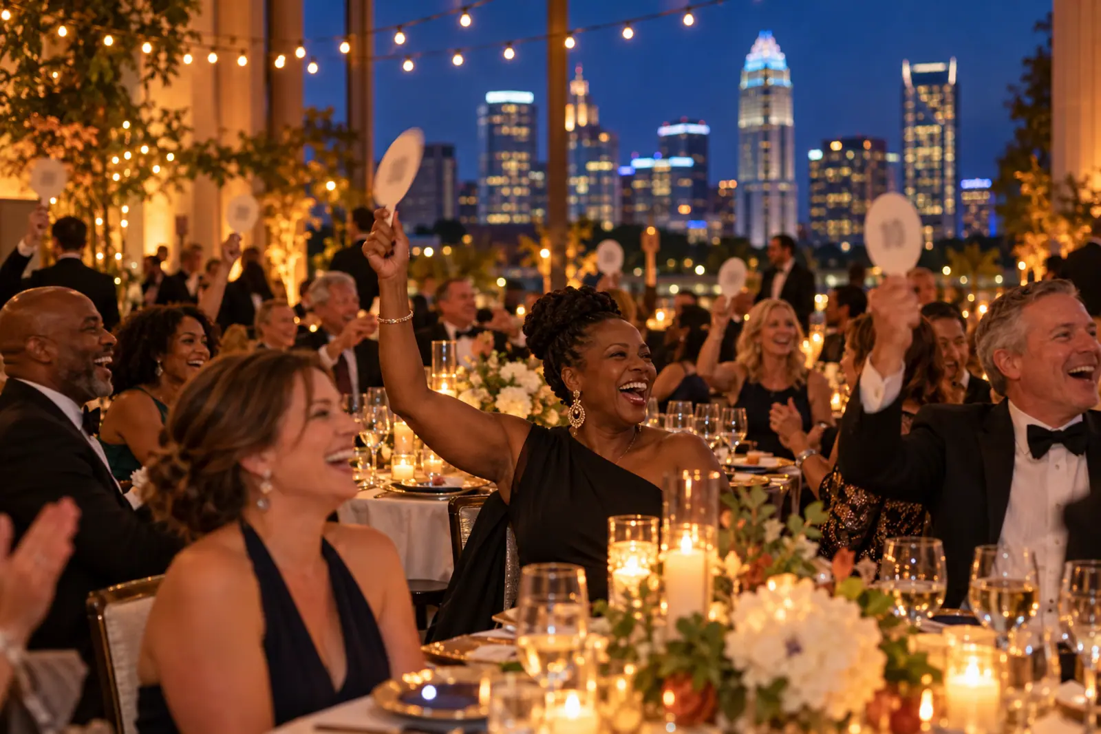 Guests raise auction paddles and cheer at an evening benefit.