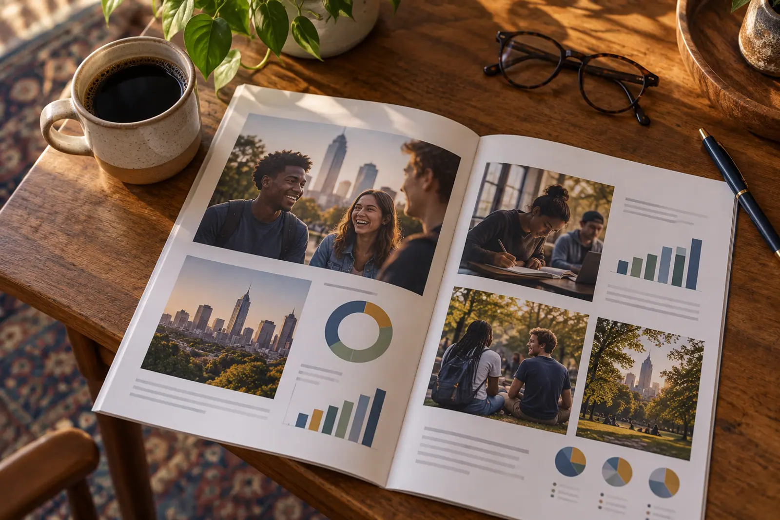 A printed impact report lies open on a wooden table next to a coffee cup and reading glasses.