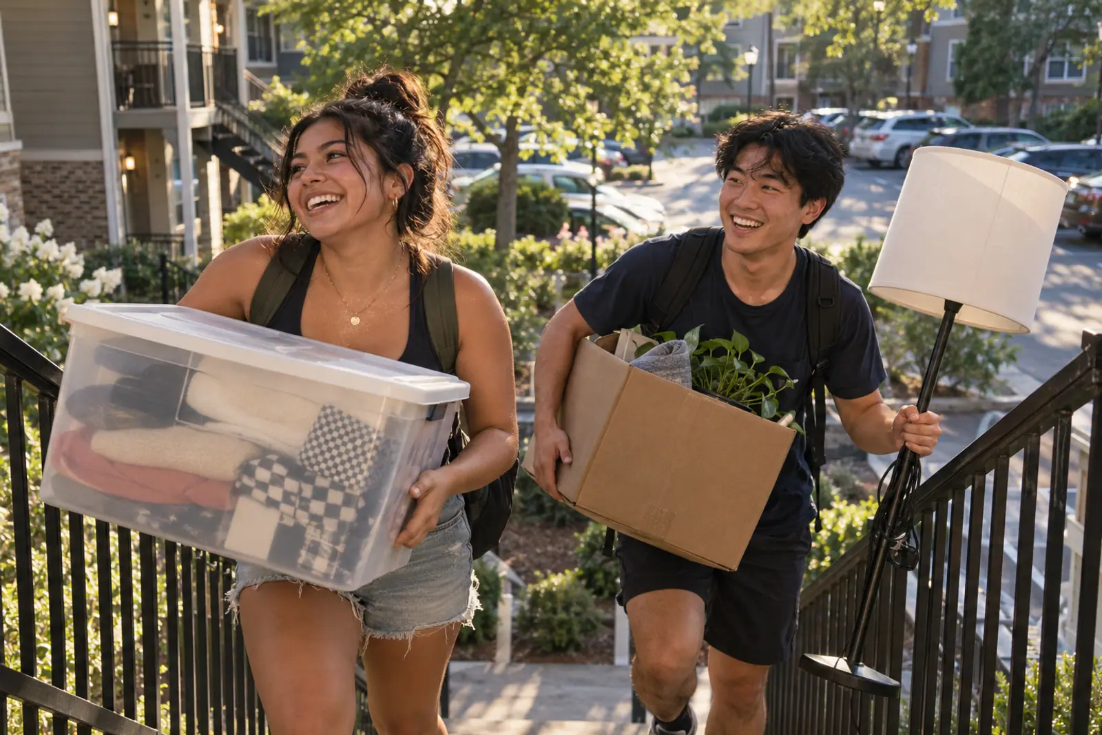 Two college students carry boxes and a lamp toward an apartment on a summer day.