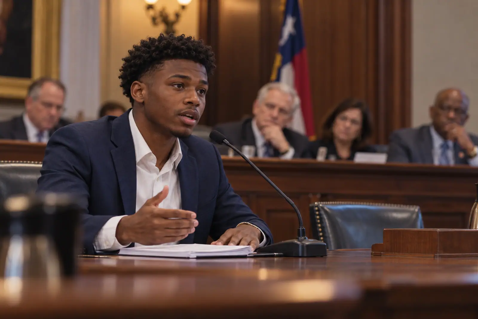 A young man speaks into a microphone at a wooden hearing table in a state legislative committee room.