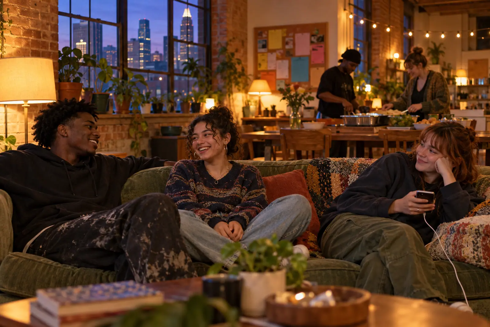 The living room at The Porch: young adults sit on worn couches talking while dinner is served in the kitchen behind them.