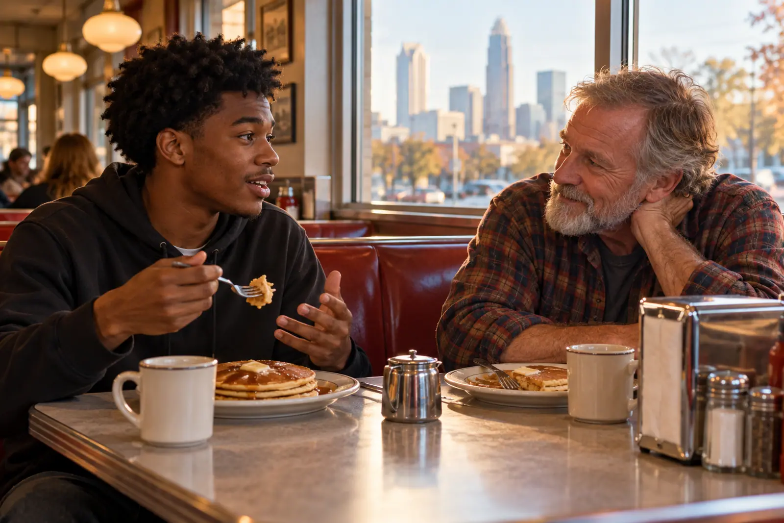 A mentor in his sixties and a young man share pancakes and conversation in a diner booth.