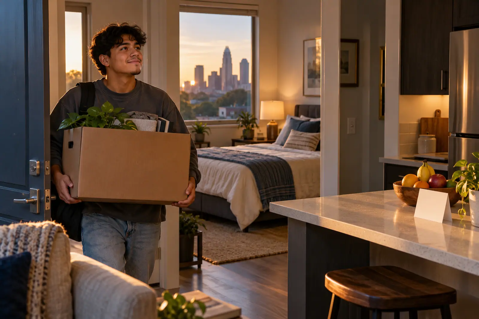 A young man carries a moving box into a sunlit, furnished apartment where a made bed and a welcome card wait.