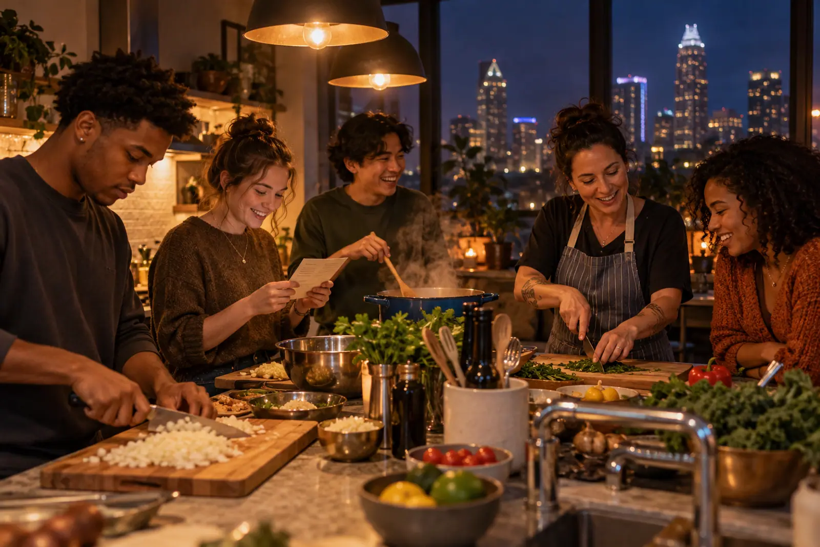 Young adults cook together around a kitchen island during an evening workshop.