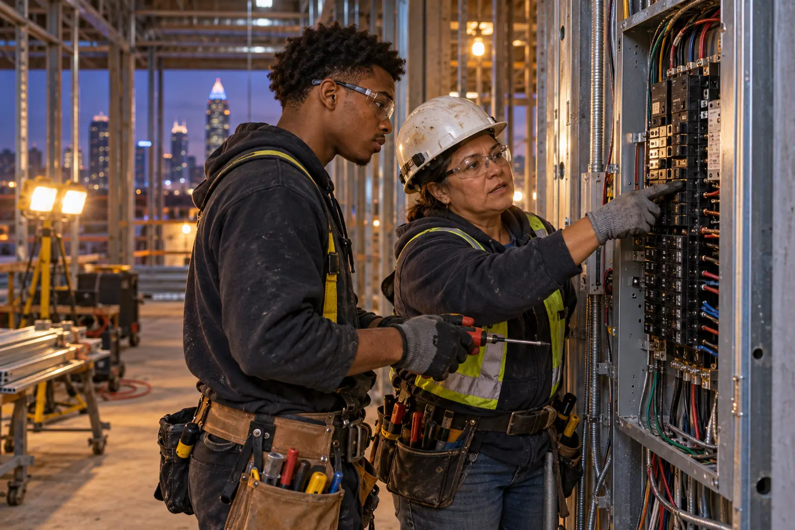 A young electrical apprentice in safety glasses works on a panel while a journeyman watches and points.