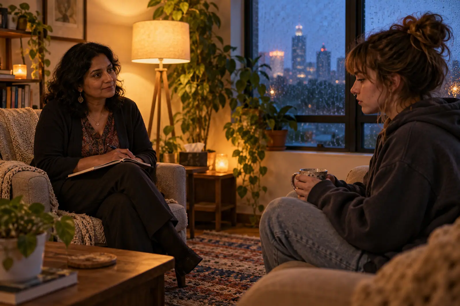 A counselor and a young woman talk in a calm room with soft lamplight and plants.