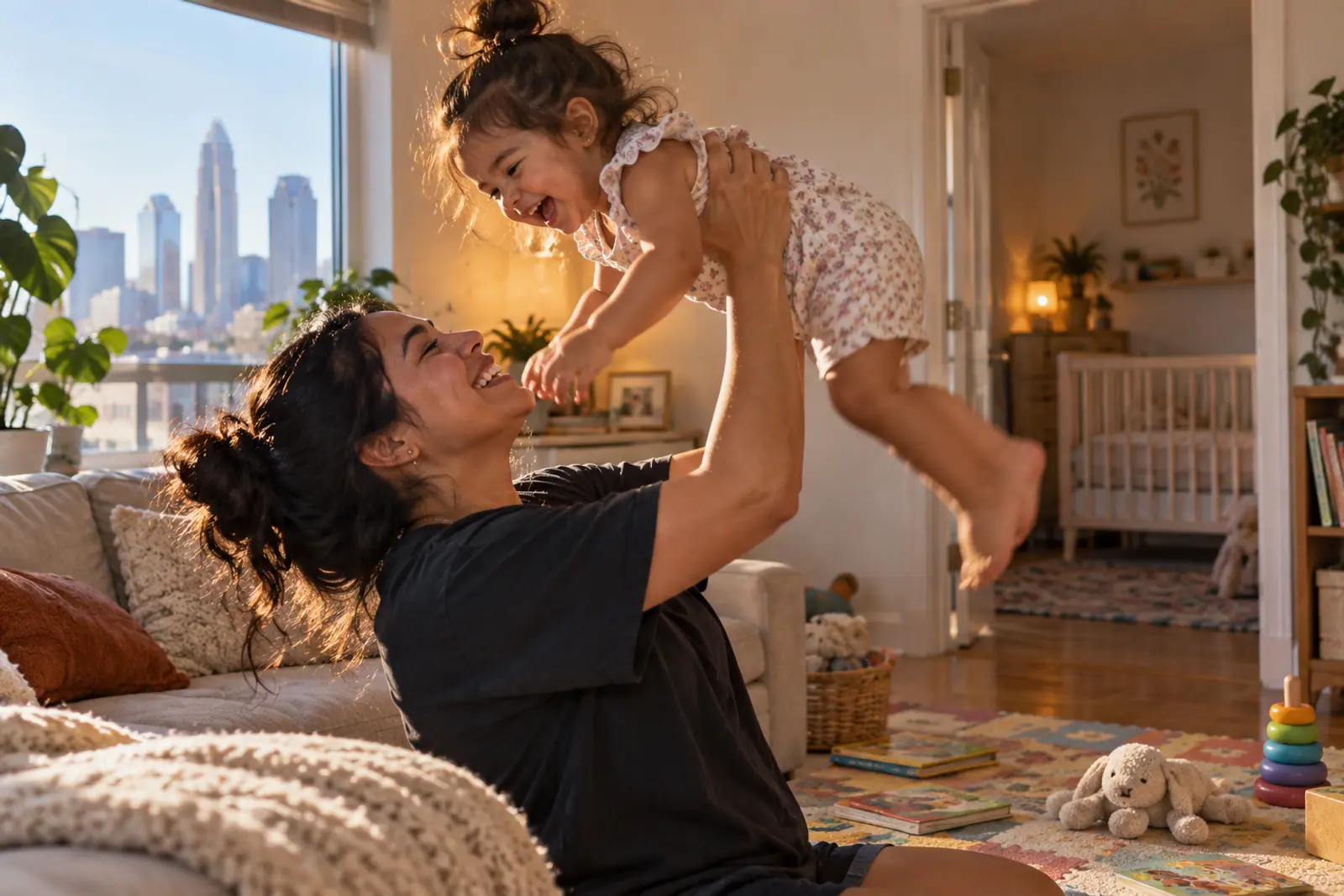 A young mother lifts her toddler daughter up in a sunny apartment living room, both laughing.