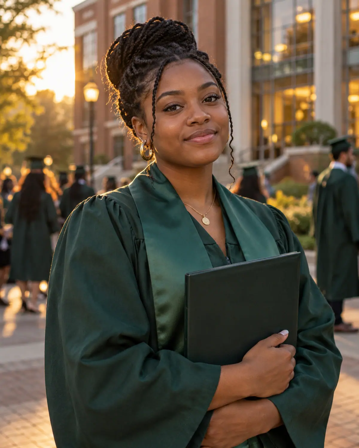 Aaliyah, in her graduation gown, holds her diploma cover outside a university building.
