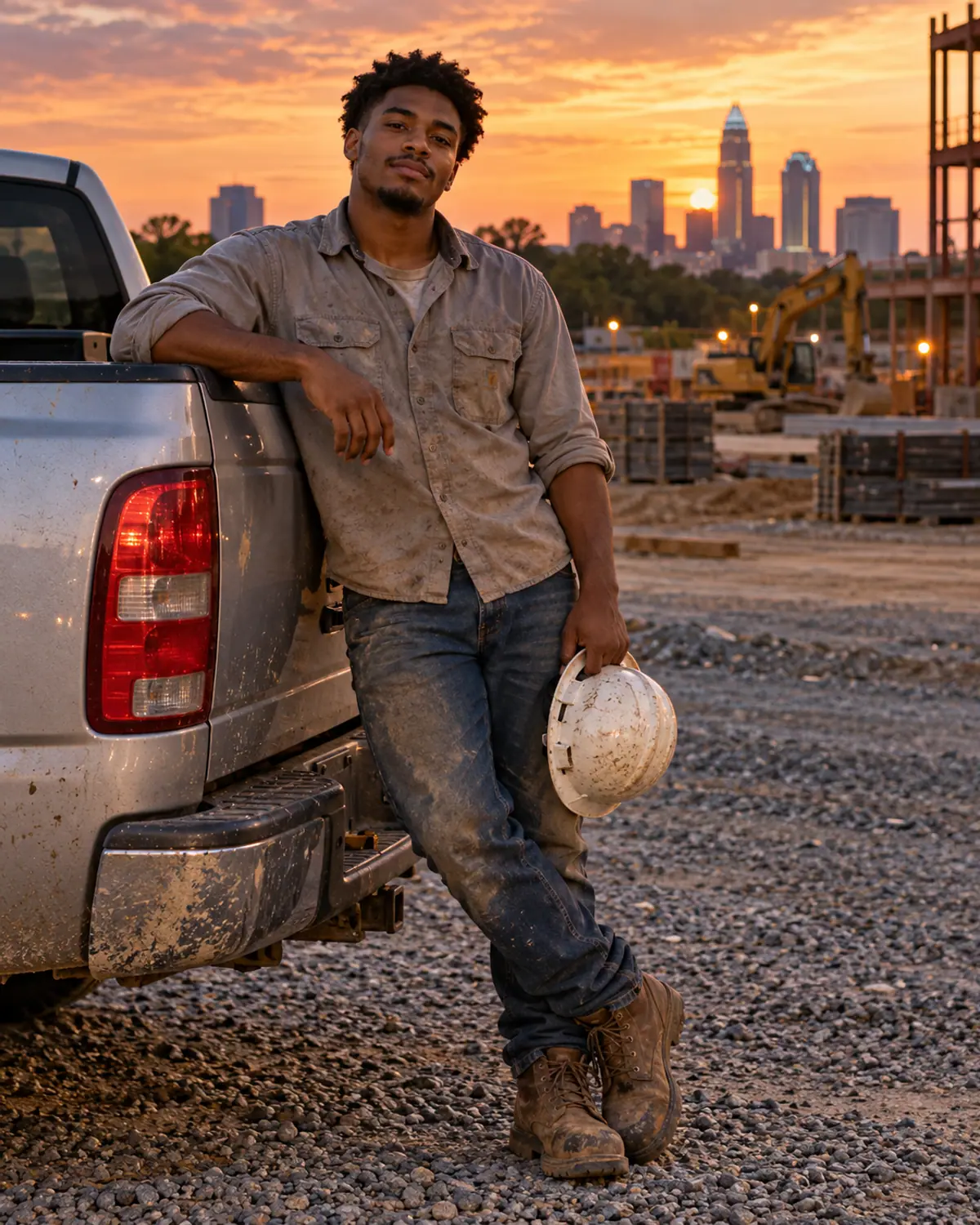 Devonte leans against his used pickup truck in work clothes at the end of a shift.