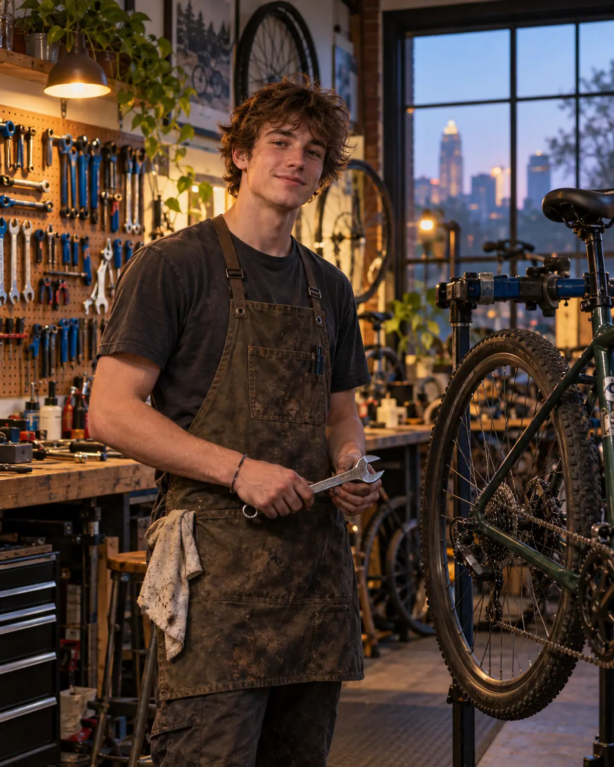 Eli, nineteen, stands in a bike shop holding a wrench, a half-built bicycle beside him.