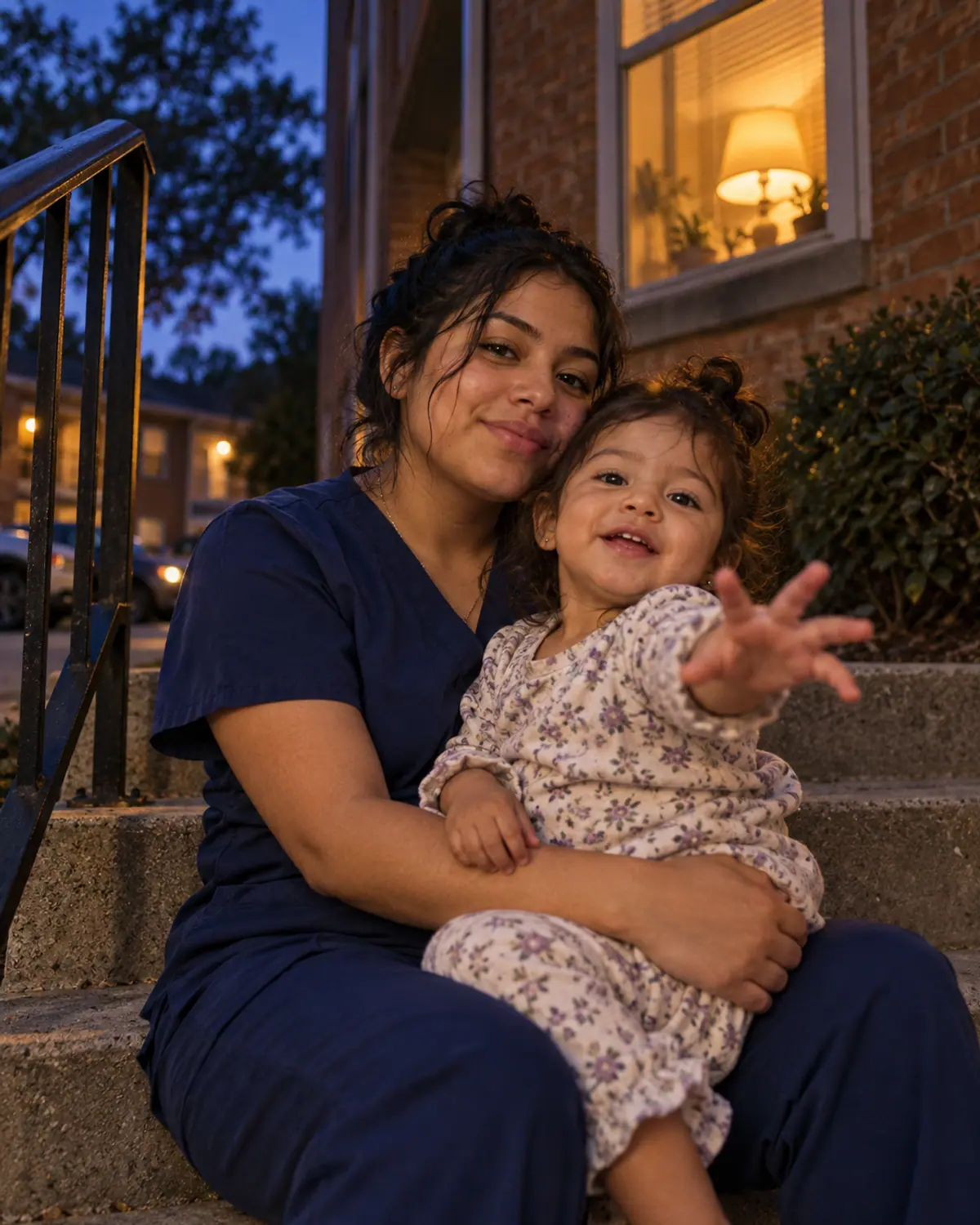 Mariana sits on her apartment steps holding her young daughter, who reaches toward the camera.
